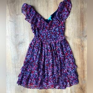 Draper James Ruffle Floral Chiffon Dress Navy Red Purple Print Size 2